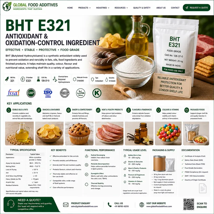 Food-grade BHT E321 antioxidant for industrial food applications