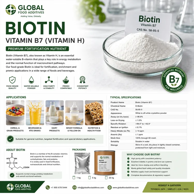 Food-grade Biotin Vitamin B7 fortification nutrient for industrial food applications