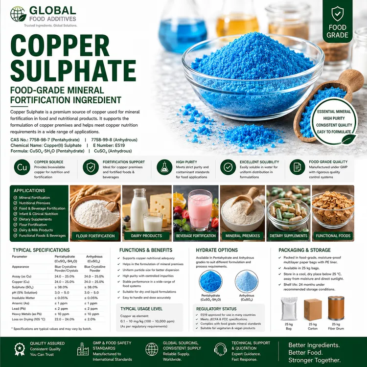 Copper Sulphate food-grade mineral fortification ingredient food additive ingredient illustration