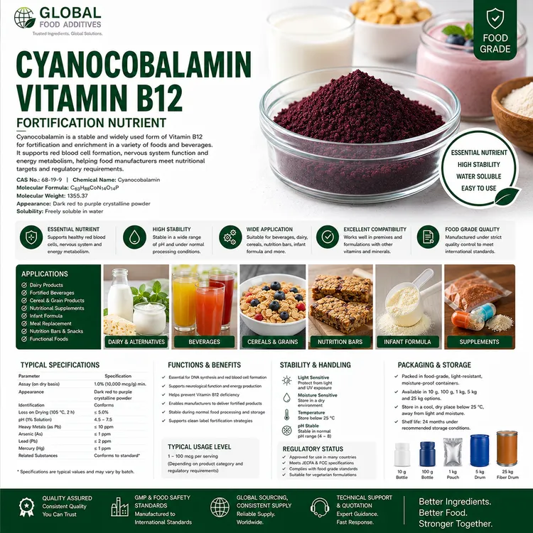 Cyanocobalamin Vitamin B12 food fortification ingredient food additive ingredient illustration