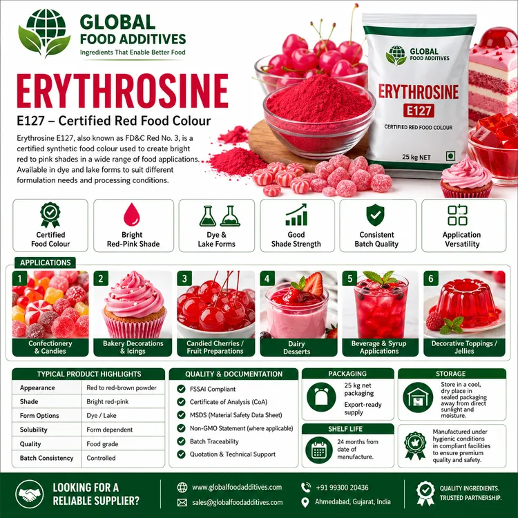 Erythrosine E127 certified red food colour food additive ingredient illustration