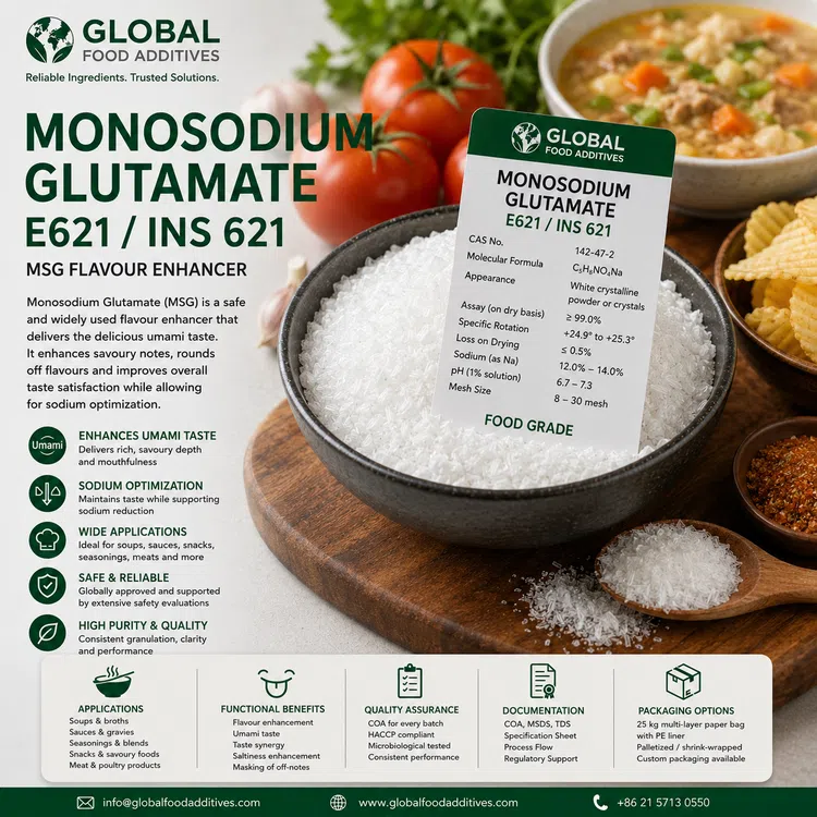 Monosodium Glutamate E621 food-grade MSG flavour enhancer for savoury applications