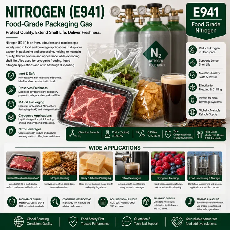 Food-grade Nitrogen E941 packaging gas for modified-atmosphere food applications