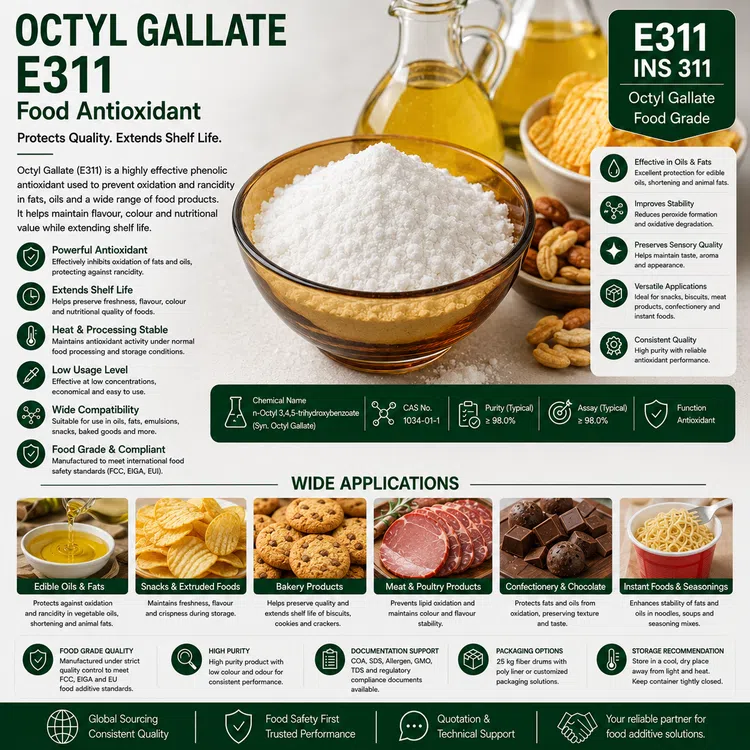 Octyl Gallate E311 antioxidant ingredient for food-grade oxidation control