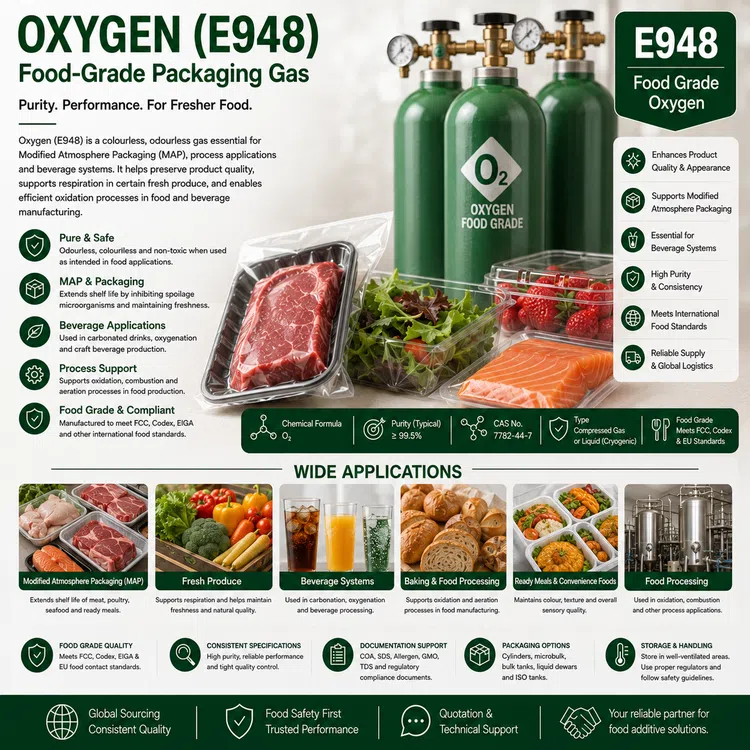 Food-grade Oxygen E948 packaging gas for modified-atmosphere food applications