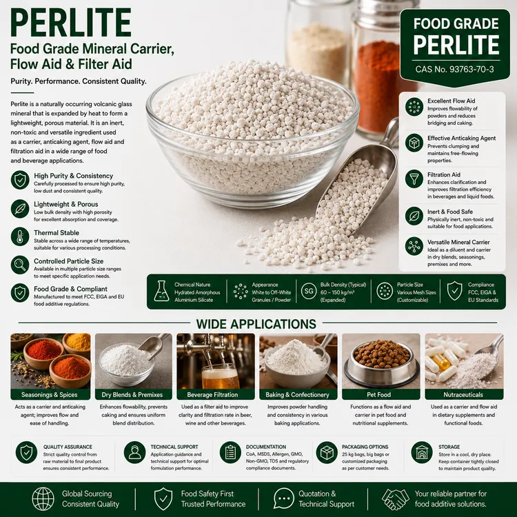 Perlite food grade mineral carrier and flow aid food additive ingredient illustration