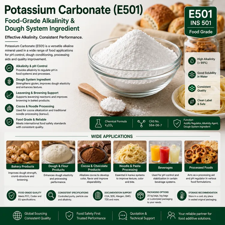 Potassium Carbonate E501 food-grade alkaline carbonate food additive ingredient illustration