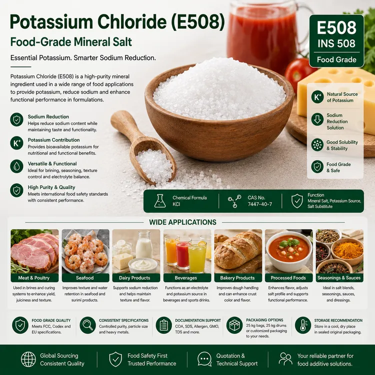 Potassium Chloride E508 food-grade mineral salt food additive ingredient illustration
