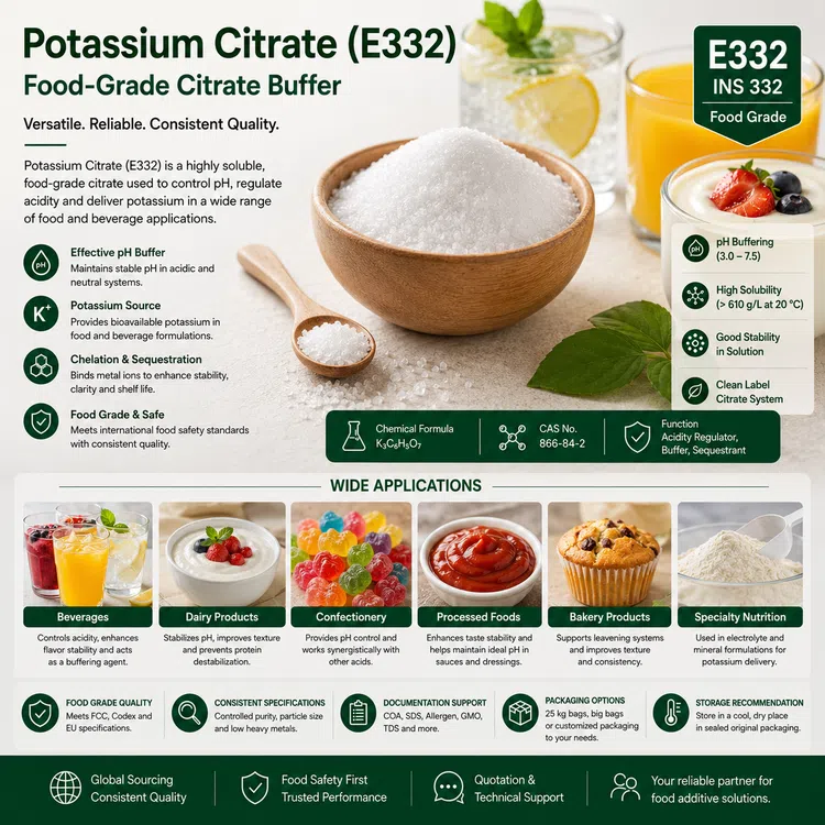 Potassium Citrate E332 food-grade citrate buffer food additive ingredient illustration