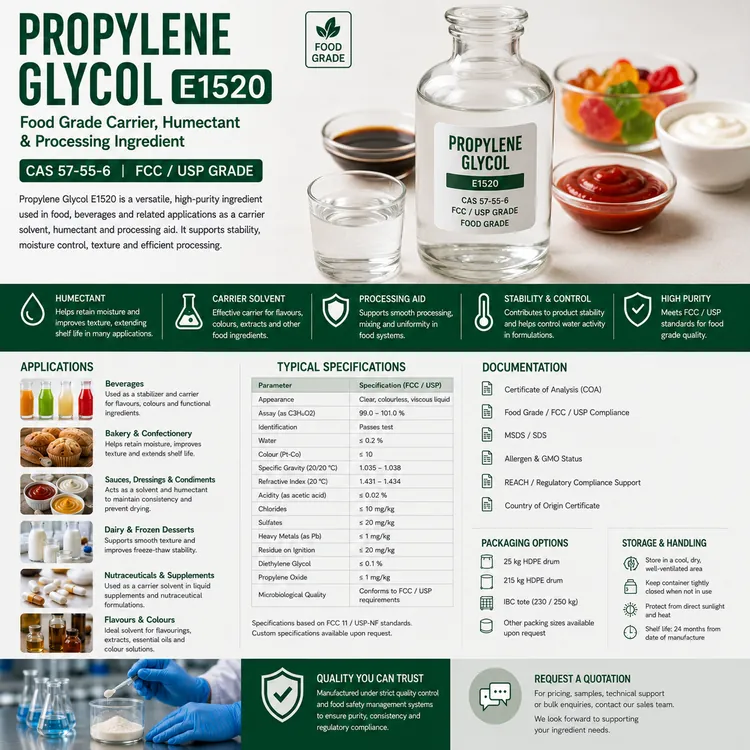Food grade Propylene Glycol E1520 product sourcing food additive ingredient illustration