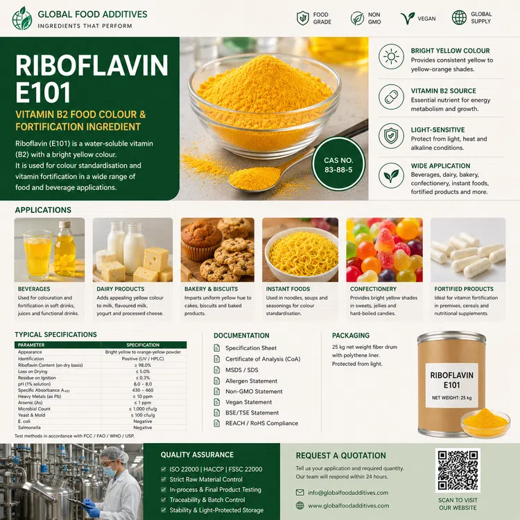 Riboflavin E101 yellow food colour and vitamin B2 food additive ingredient illustration