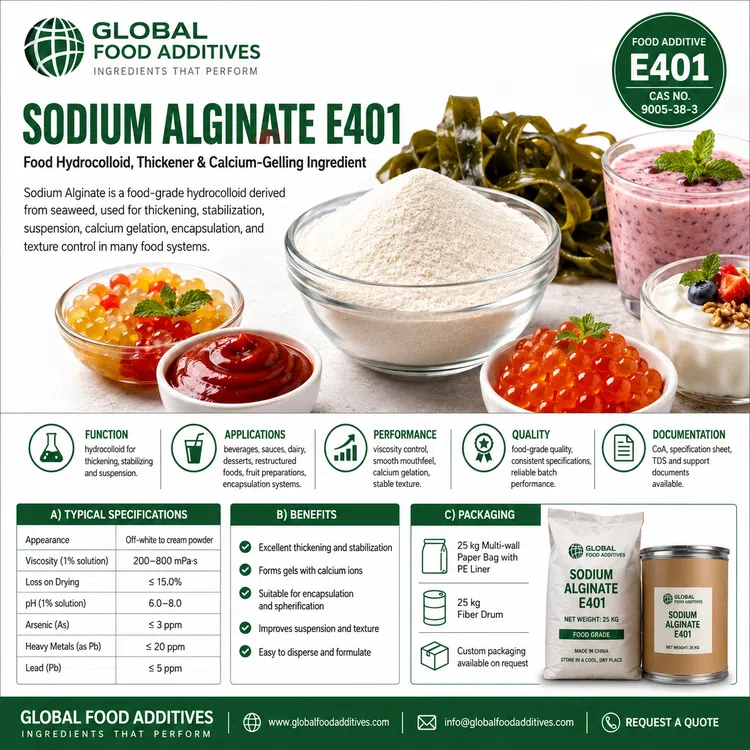 Sodium Alginate E401 food hydrocolloid food additive ingredient illustration
