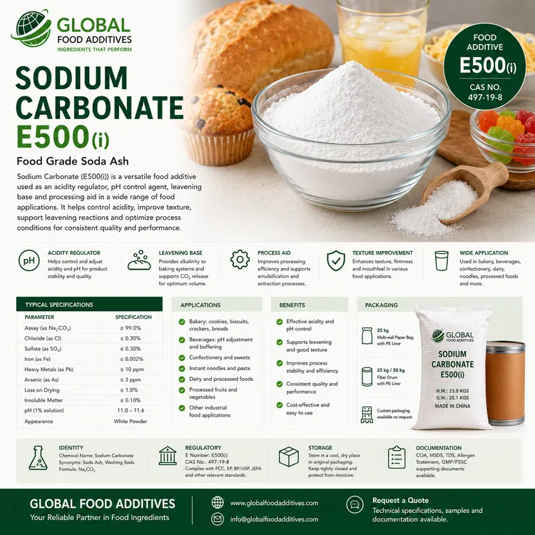 Food-grade Sodium Carbonate E500(i) powder for industrial food manufacturing