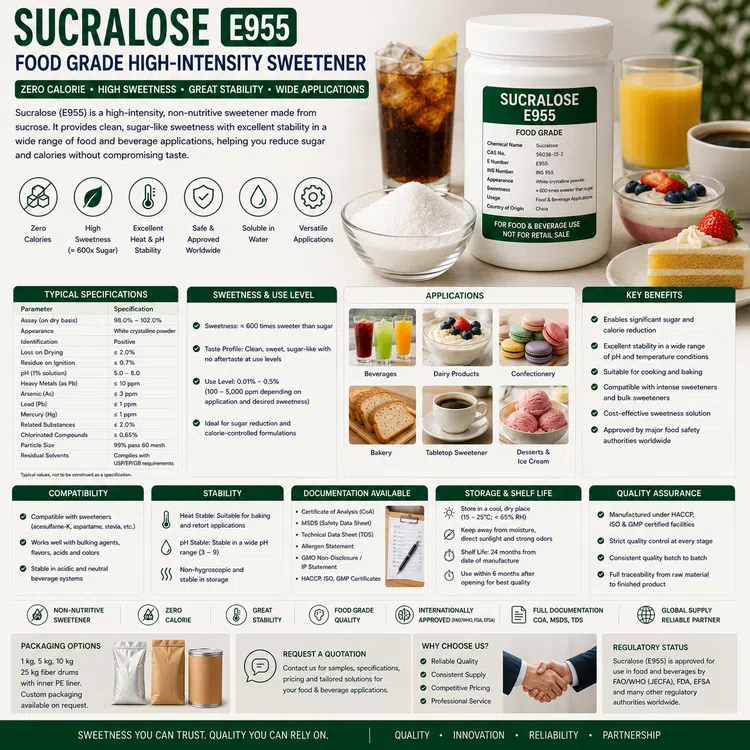 Food-grade Sucralose E955 high-intensity sweetener for industrial food and beverage manufacturing