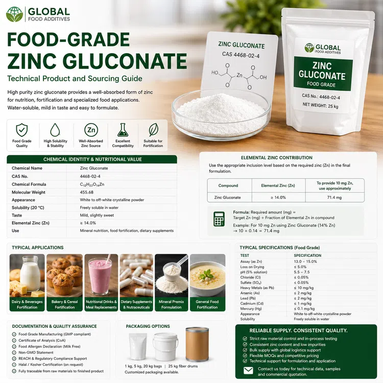 Food-grade Zinc Gluconate nutritional mineral ingredient